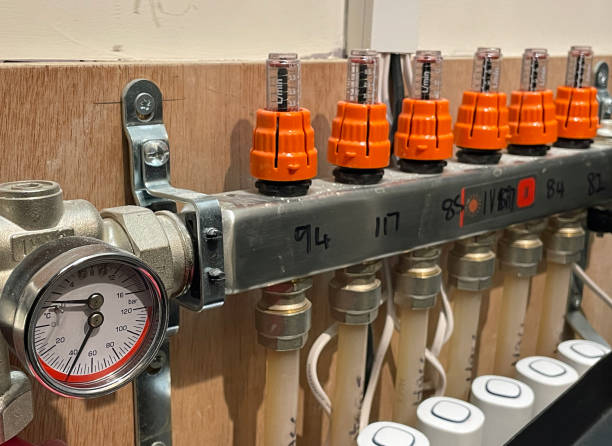 Underfloor heating manifold with orange flow meters, pressure gauge and labeled PEX pipe connections